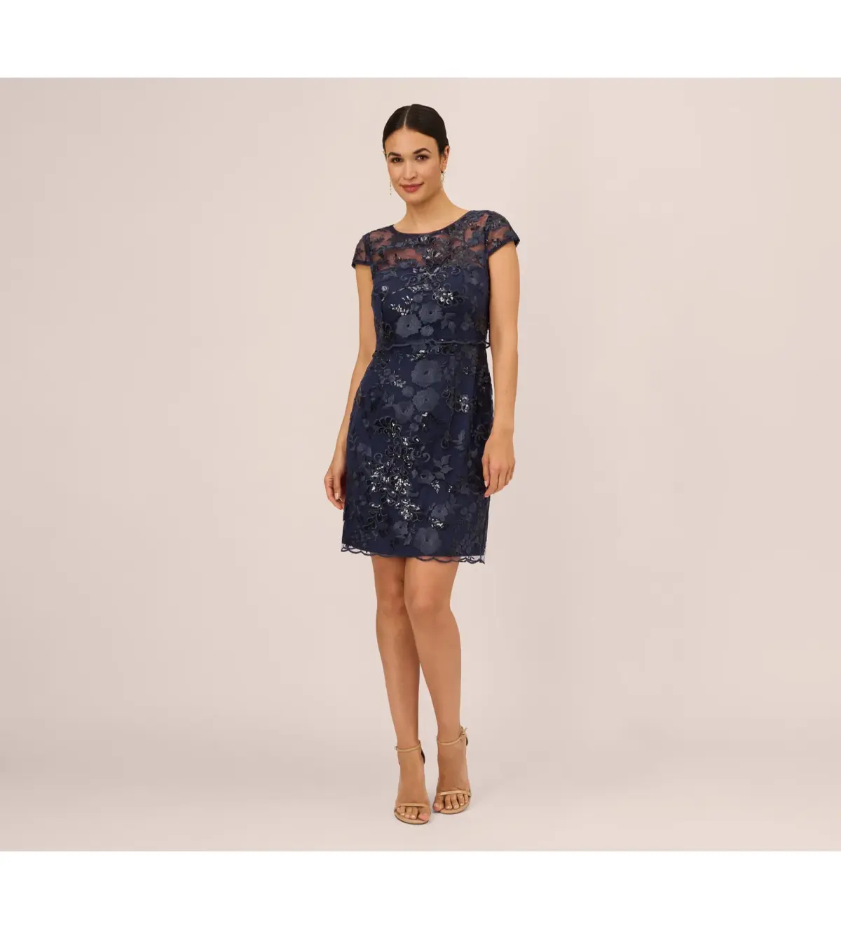 Adrianna Papell Sequin Floral Short Sleeve Mini Dress with Popover in Navy Size AU 6 - Image 1