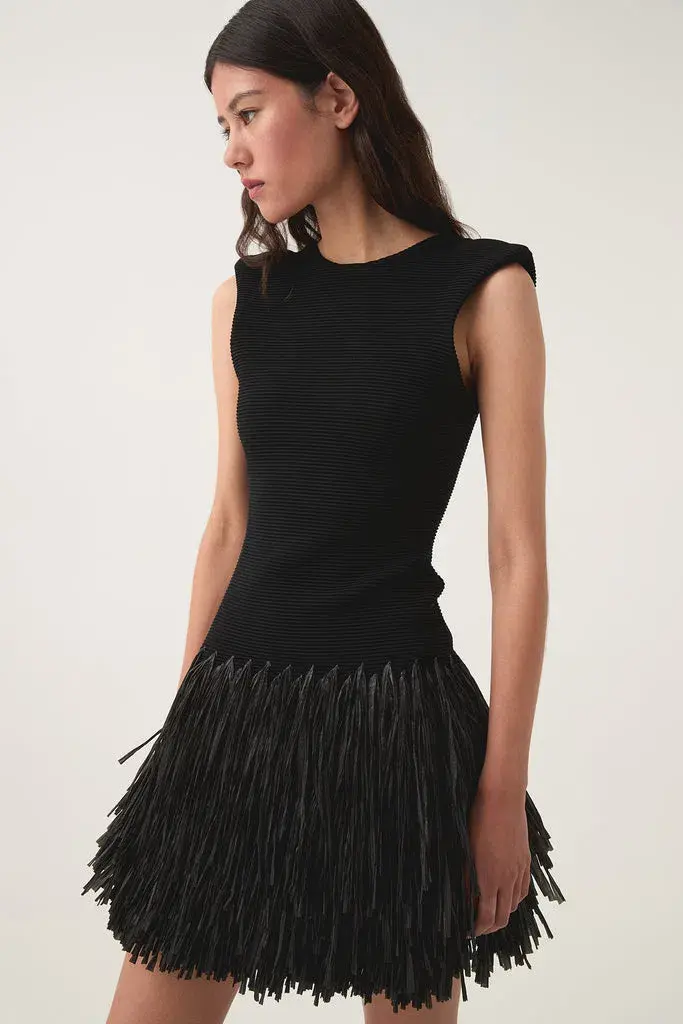 Aje Rushes Raffia Knit Mini Dress Black Size L/Au 12 - Image 2