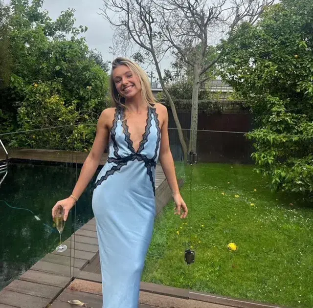 Shona Joy Camille Lace Cross Back Midi Dress Cool Blue/Black Size 6 - Image 3