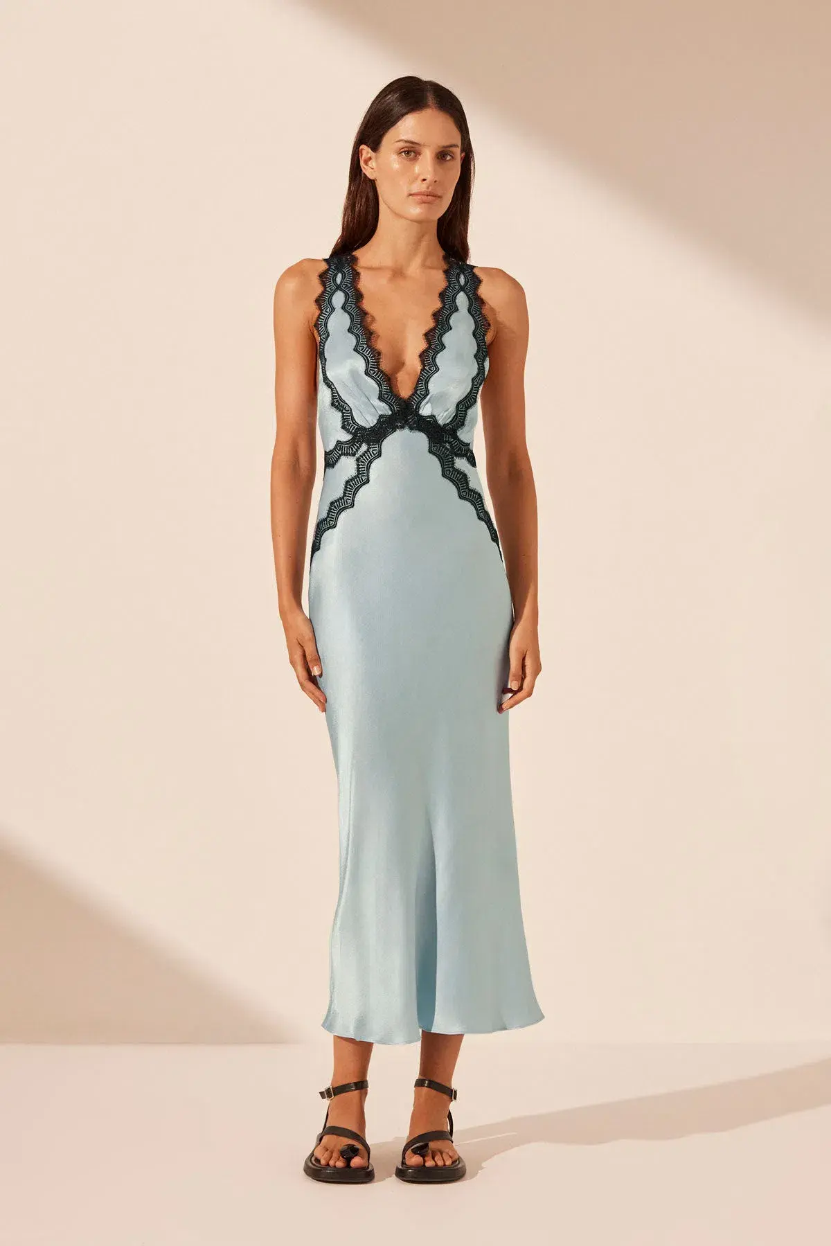 Shona Joy Camille Lace Cross Back Midi Dress Cool Blue/Black Size 12 - Image 1