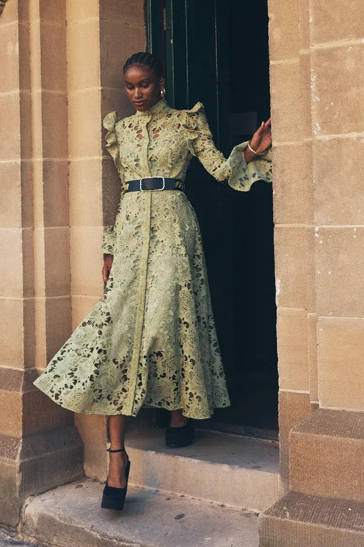 Leo Lin Aliyah Lace Butterfly Sleeve Midi Dress Olive Size 8 - Image 1
