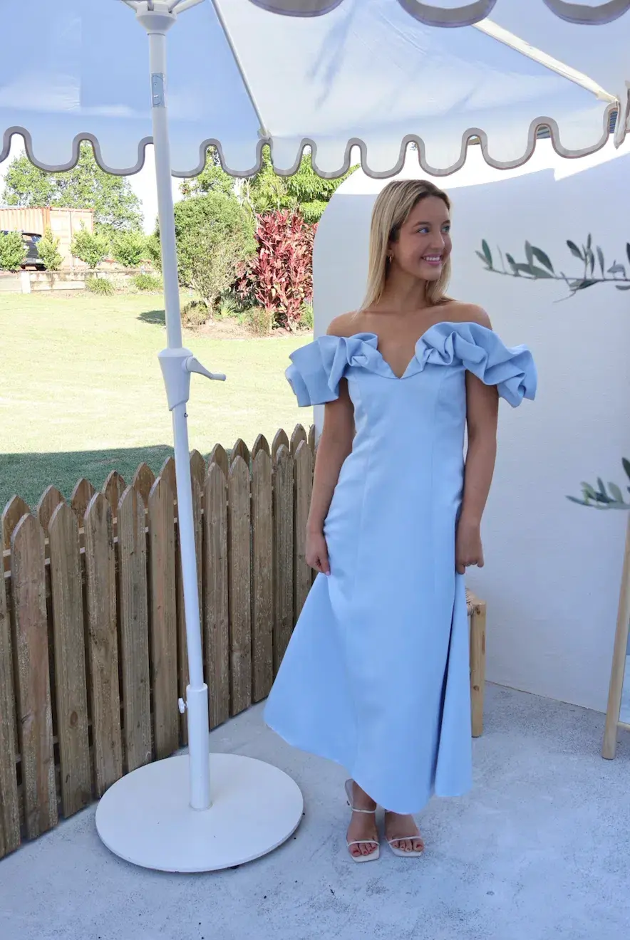 Leo Lin Annie Off Shoulder Frill Midi Dress Sky Blue Size AU 8 - Image 1