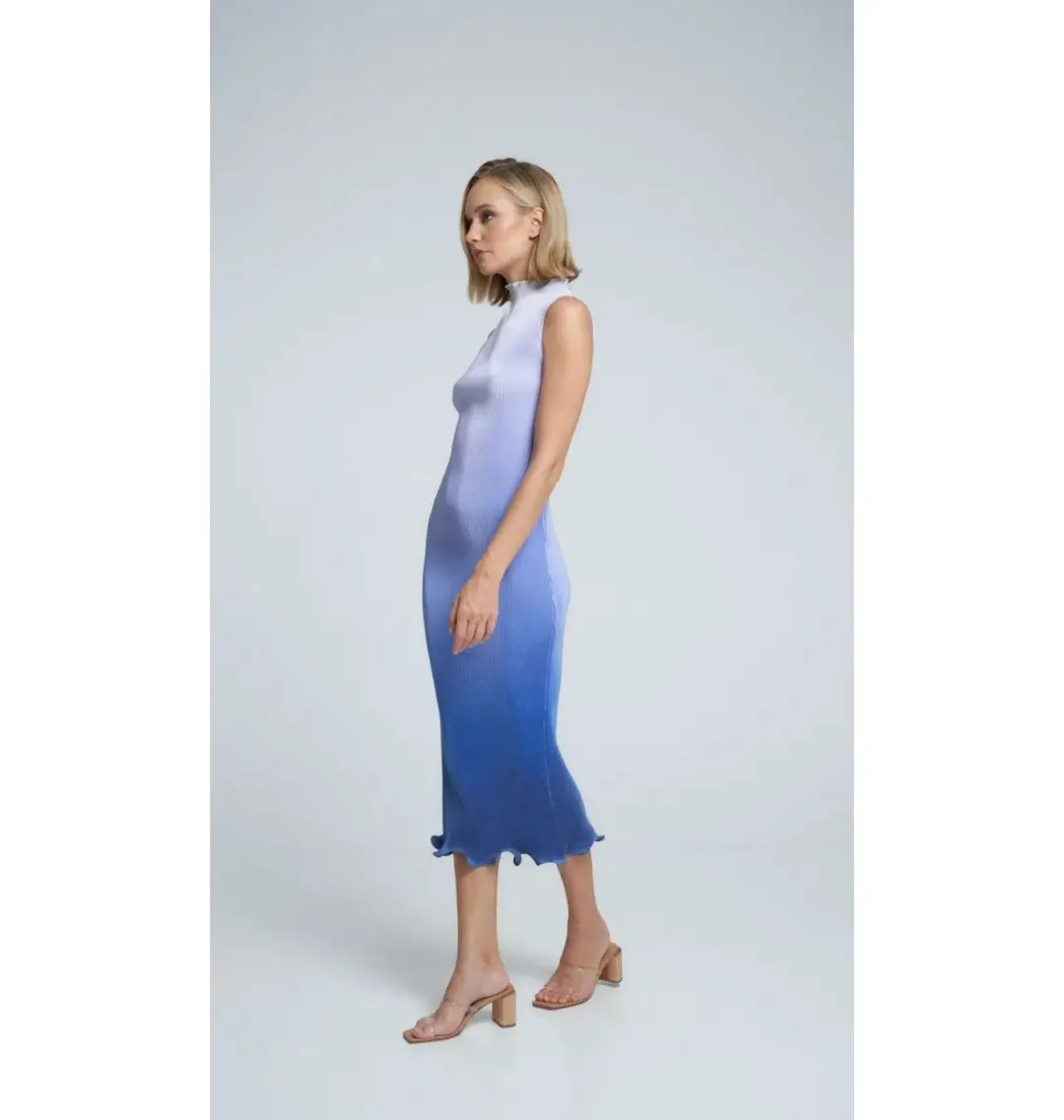 L'Idée Silencio Plisse Midi Dress in Ocean Blue Ombre Size AU 8 for rent on The Volte - main image