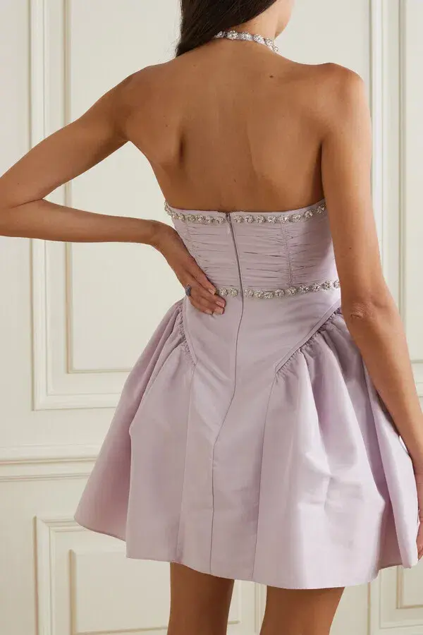 Self Portrait Crystal Embellished Ruched Taffeta Mini Dress Lilac Size 6 - Image 2