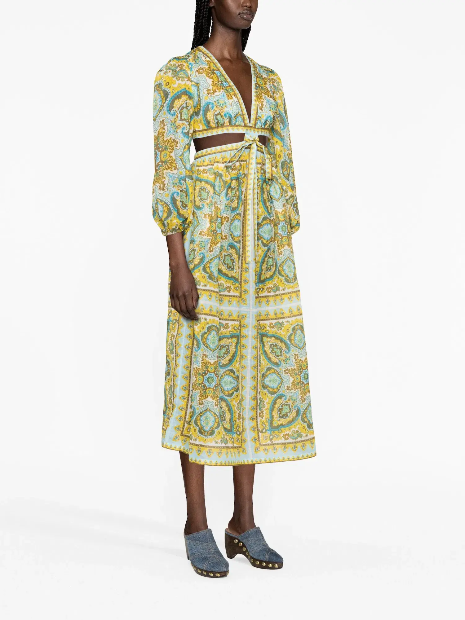 Zimmermann Halcyon Tie Front Midi Dress Blue/Yellow Paisley Size 1 / AU 10 - Image 4