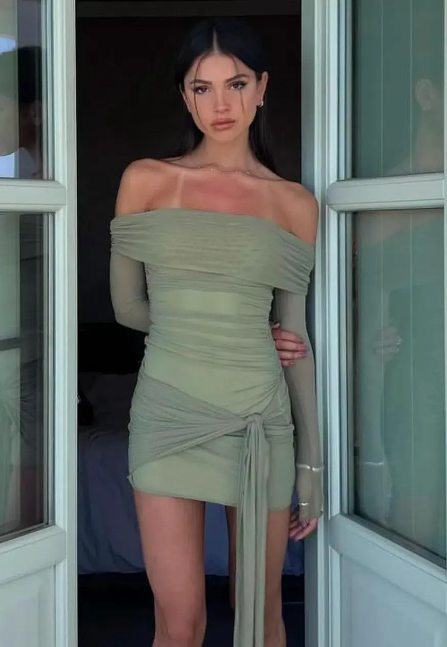 Benni Yasmin Off Shoulder Mini Dress Pistachio Green Size 8 - Image 4
