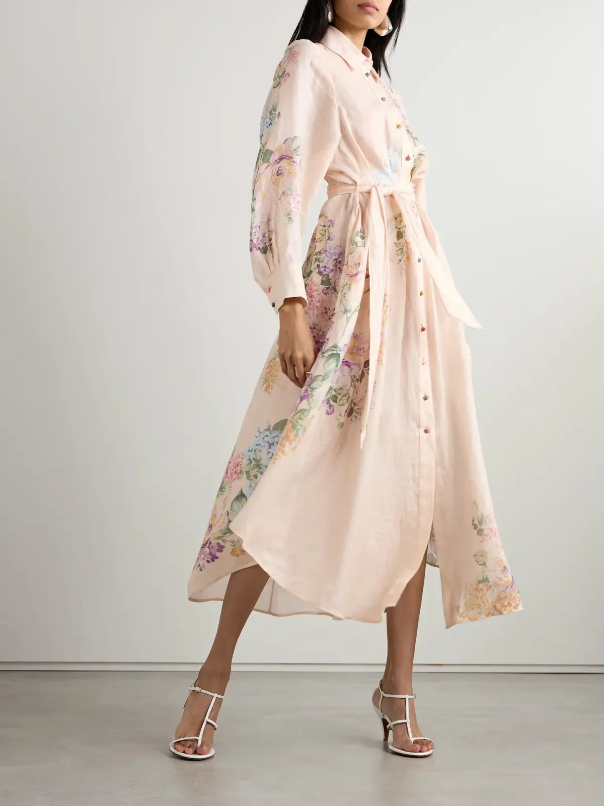 Zimmermann Halliday Long Sleeve Linen Midi Shirtdress in Cream Watercolour Floral Size 0 / AU 8 - Image 1