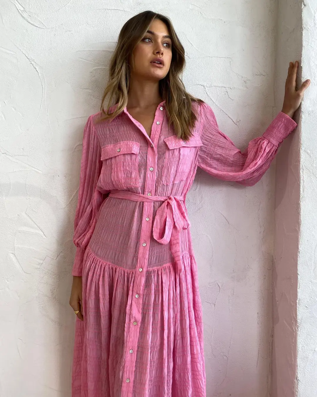 Alemais Antonella Silk Embroidered Shirt Maxi Dress Pink Size 6 AU for rent on The Volte - main image