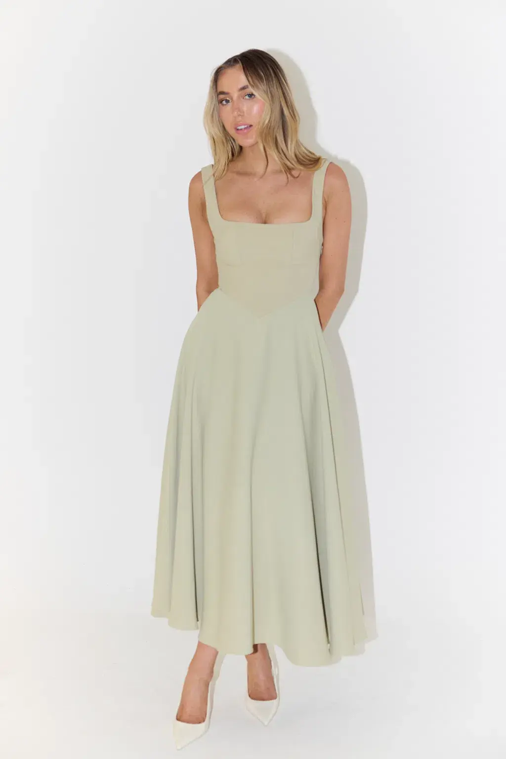 Odd Muse The Ultimate Muse High Waist Square Neck Midi Dress in Sage Size 6 - Image 3