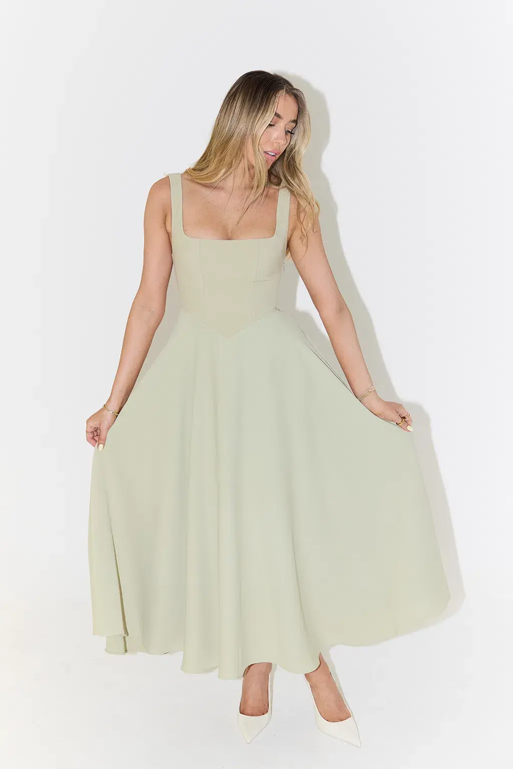 Odd Muse The Ultimate Muse High Waist Square Neck Midi Dress in Sage Size 6 - Image 2