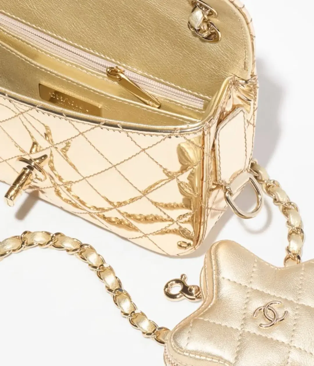 Chanel Gold Metallic Mirror Leather Mini Flap Bag with Star Coin Purse for rent on The Volte - main image
