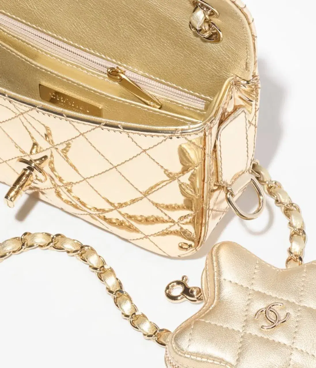 Chanel Gold Metallic Mirror Leather Mini Flap Bag with Star Coin Purse - Image 4
