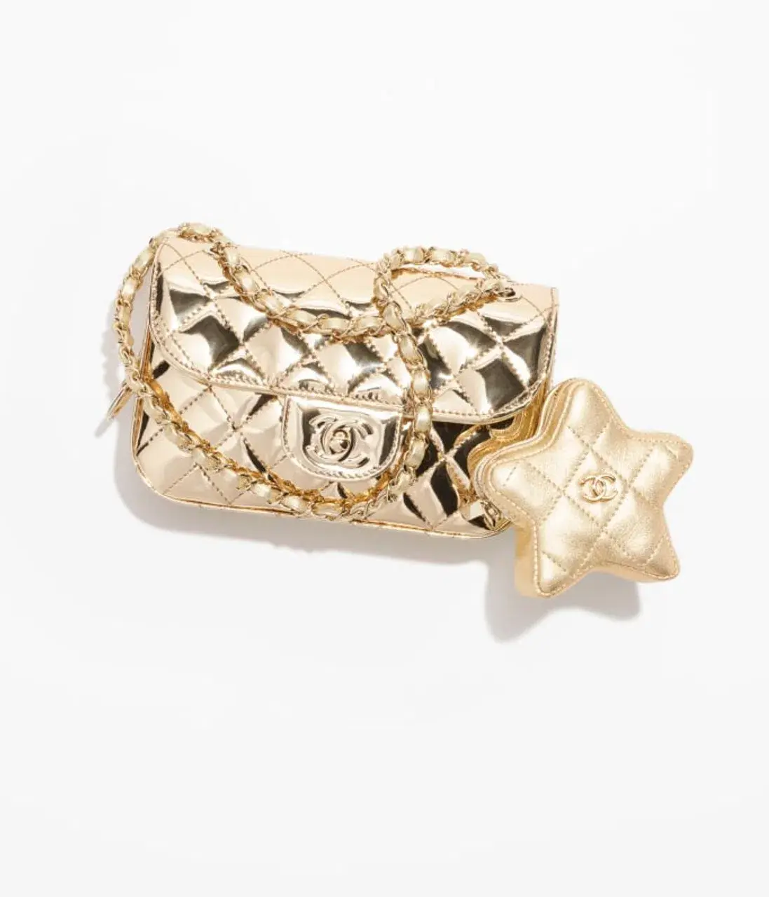 Chanel Gold Metallic Mirror Leather Mini Flap Bag with Star Coin Purse - Image 2