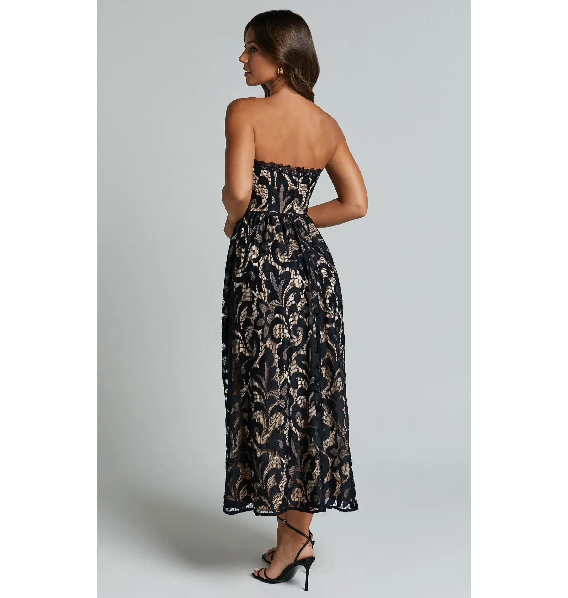 Sheike Madeleine Strapless Lace Scallop Hem Midi Dress in Black Size AU 8  - Image 3