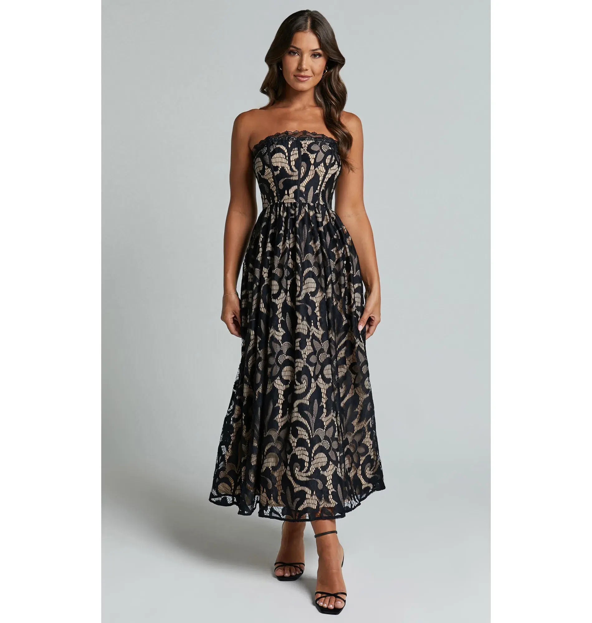 Sheike Madeleine Strapless Lace Scallop Hem Midi Dress in Black Size AU 8  - Image 1