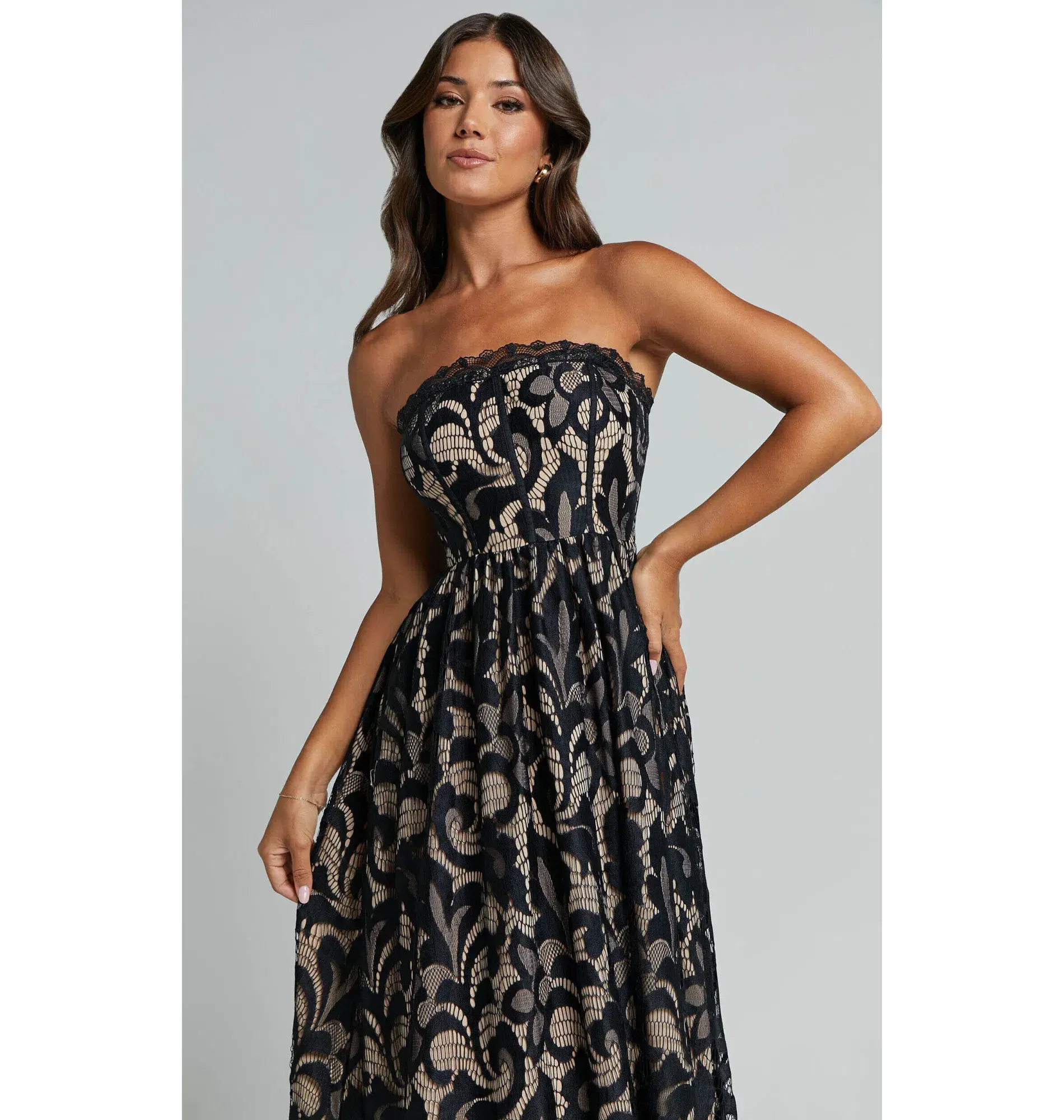 Sheike Madeleine Strapless Lace Scallop Hem Midi Dress in Black Size AU 8  - Image 2