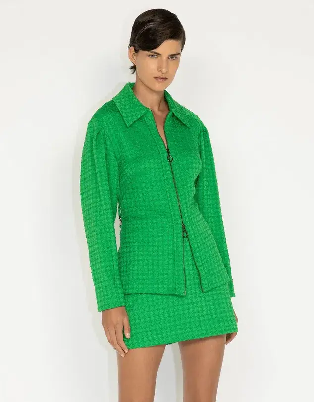 Cue Houndstooth Tweed Shirt Jacket Blazer Size 8 and Mini Skirt Size 10 Set Apple Green  - Image 2