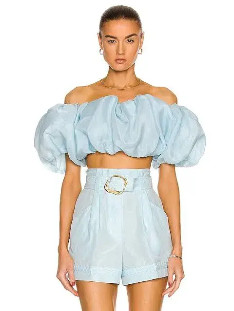 Aje Riviera Off Shoulder Tube Silk Top & Braided Silk Short Set Ice Blue Size 8 - Image 6