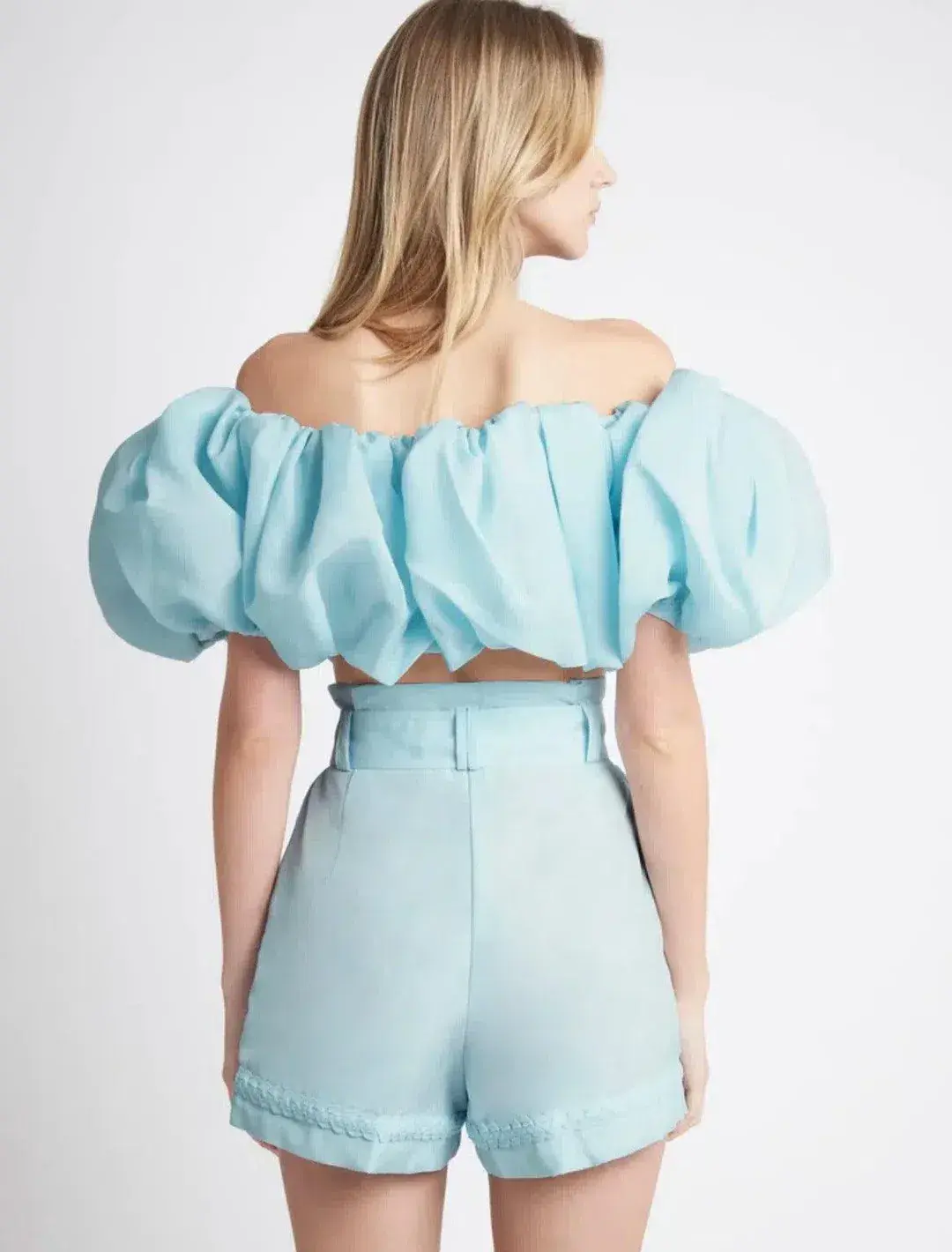Aje Riviera Off Shoulder Tube Silk Top & Braided Silk Short Set Ice Blue Size 8 - Image 3