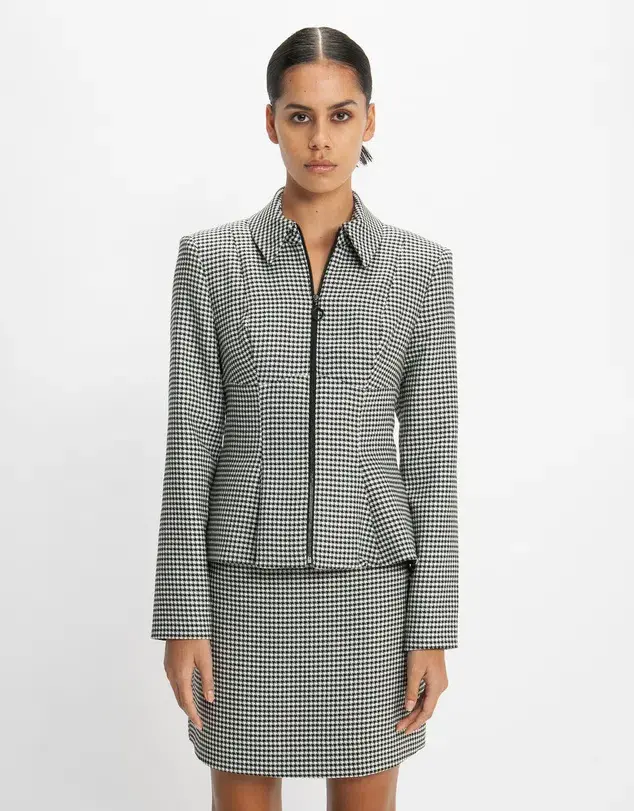 Cue Houndstooth Collared Peplum Jacket & A-Line Mini Skirt Power Suit Size 8 & 10 - Image 4