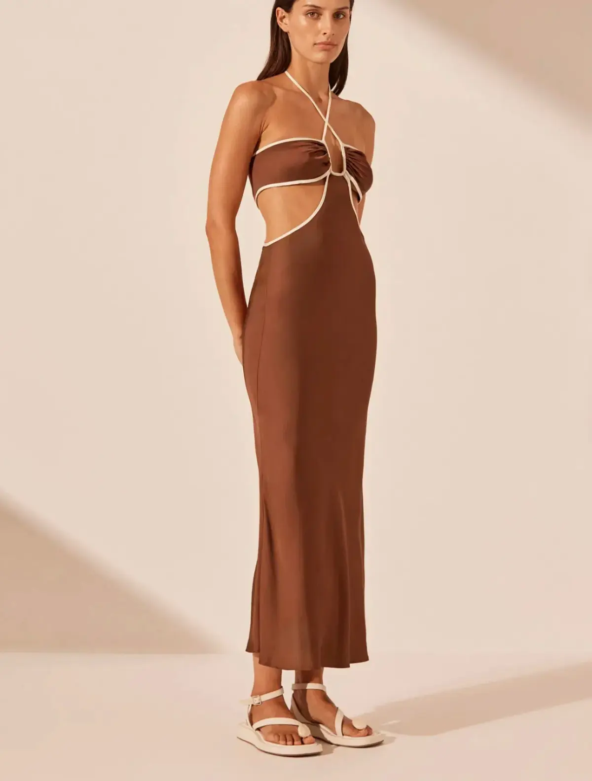 Shona Joy Contrast Halter Midi Dress Chocolate/Ivory Size 8 - Image 2