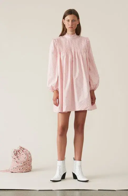 Ganni Printed Poplin Mini Dress in Silver Pink Size 10 for rent on The Volte - main image