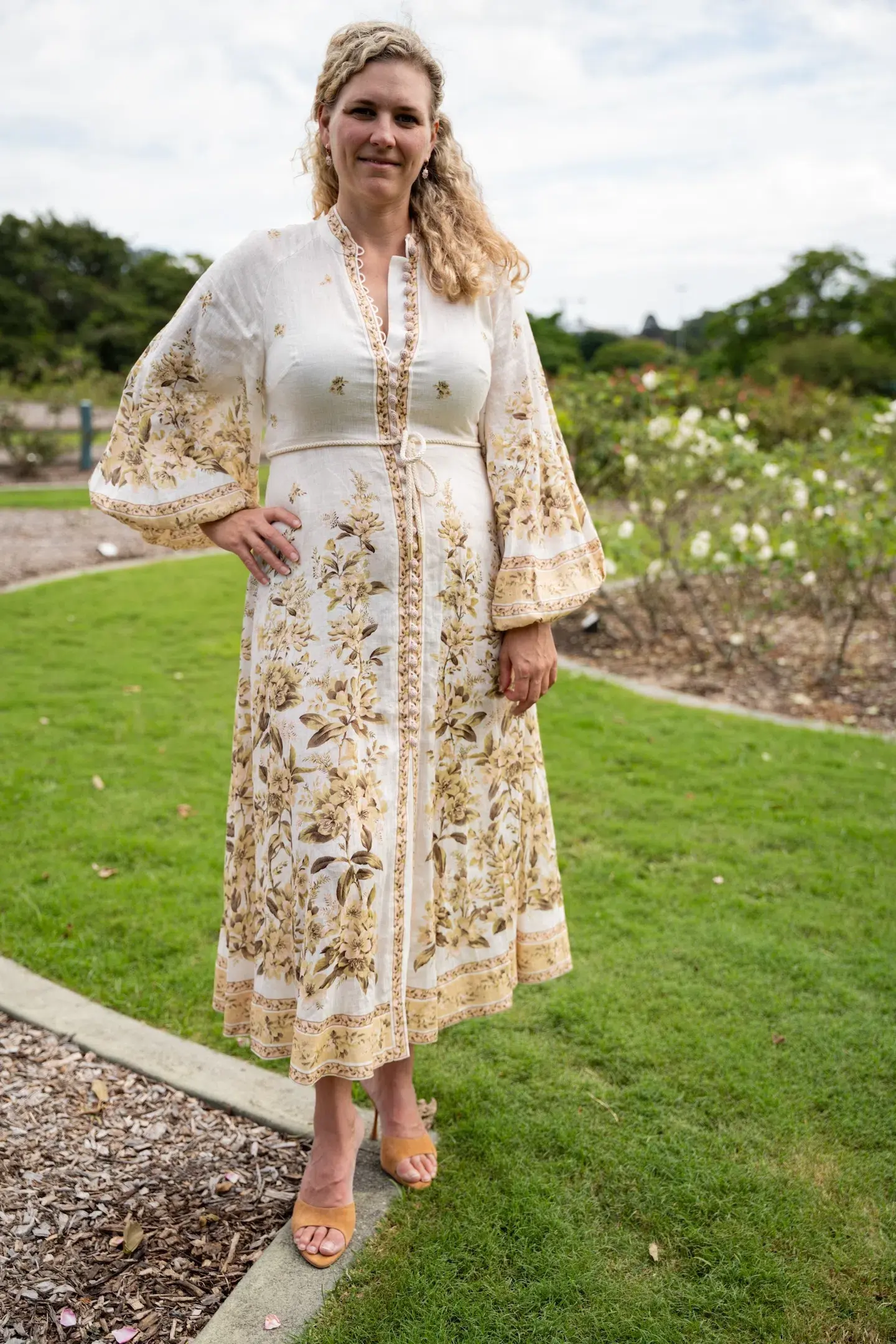 Zimmermann Golden Buttoned Midi Dress Sage Toile Floral Size 4 / AU 16 - Image 3