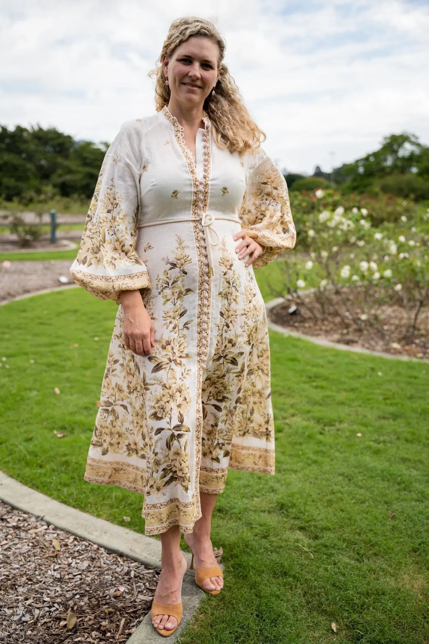 Zimmermann Golden Buttoned Midi Dress Sage Toile Floral Size 4 / AU 16 - Image 1