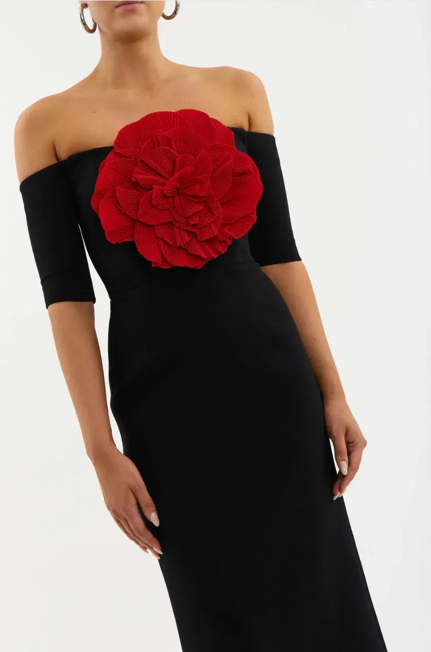 Rebecca Vallance Rhosen Off The Shoulder Midi Dress Black Size 10 - Image 4