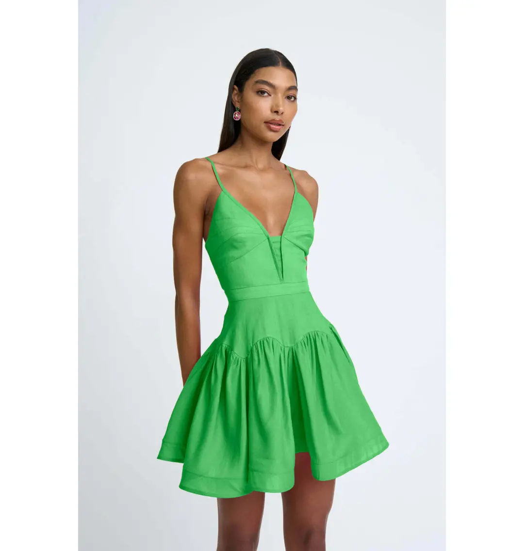 By Johnny Oriana Gather Panel Mini Dress Green Size AU 6  for rent on The Volte - main image