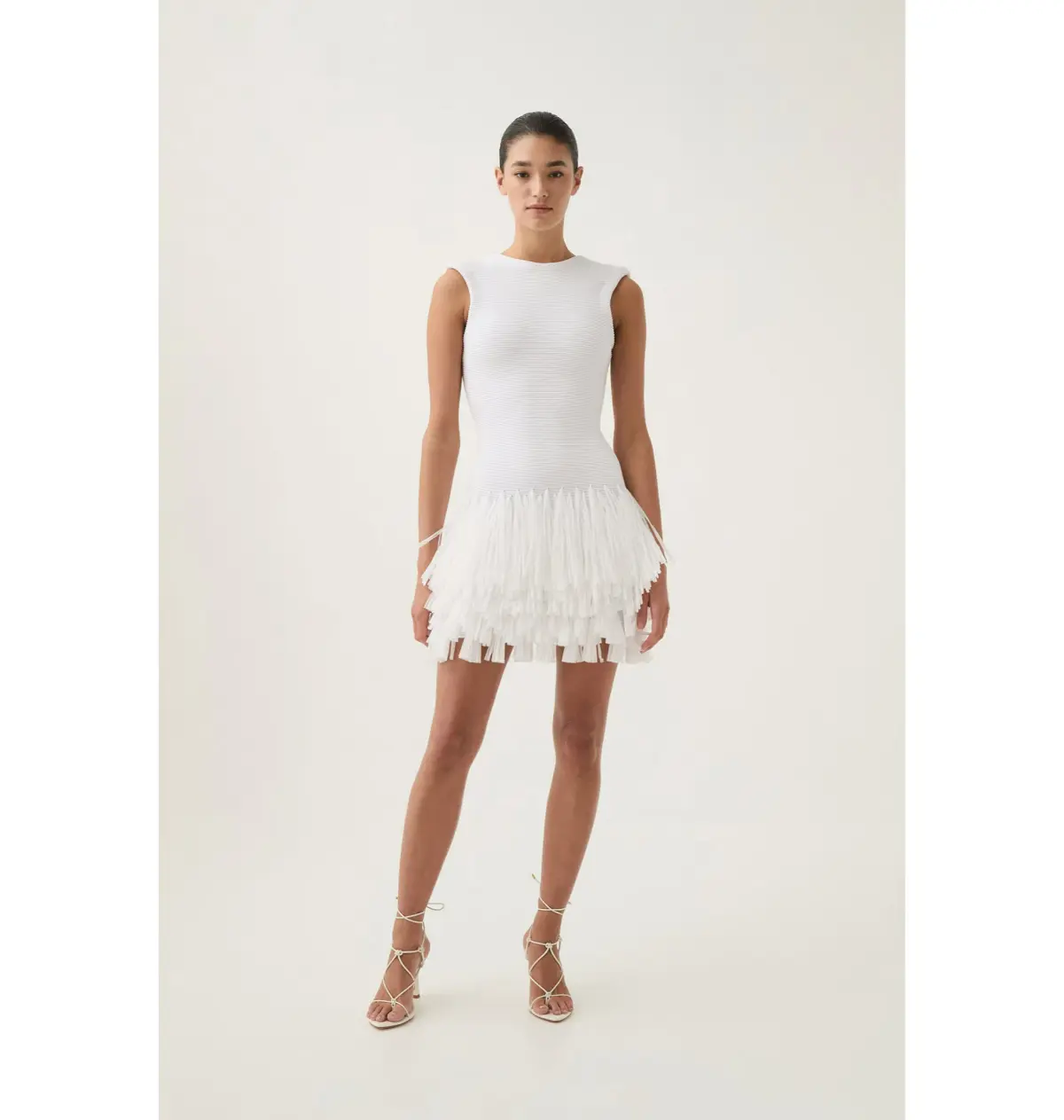 Aje Rushes Fringe Knit Mini Dress White Size AU 14 - Image 1