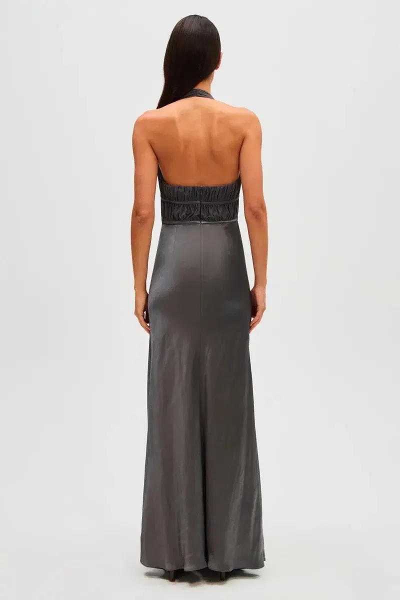 Misha Celine Satin Maxi Dress Pewter Grey Size 8 for rent on The Volte - main image