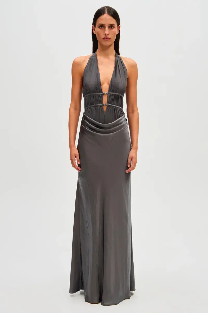 Misha Celine Satin Maxi Dress Pewter Grey Size 8 - Image 1