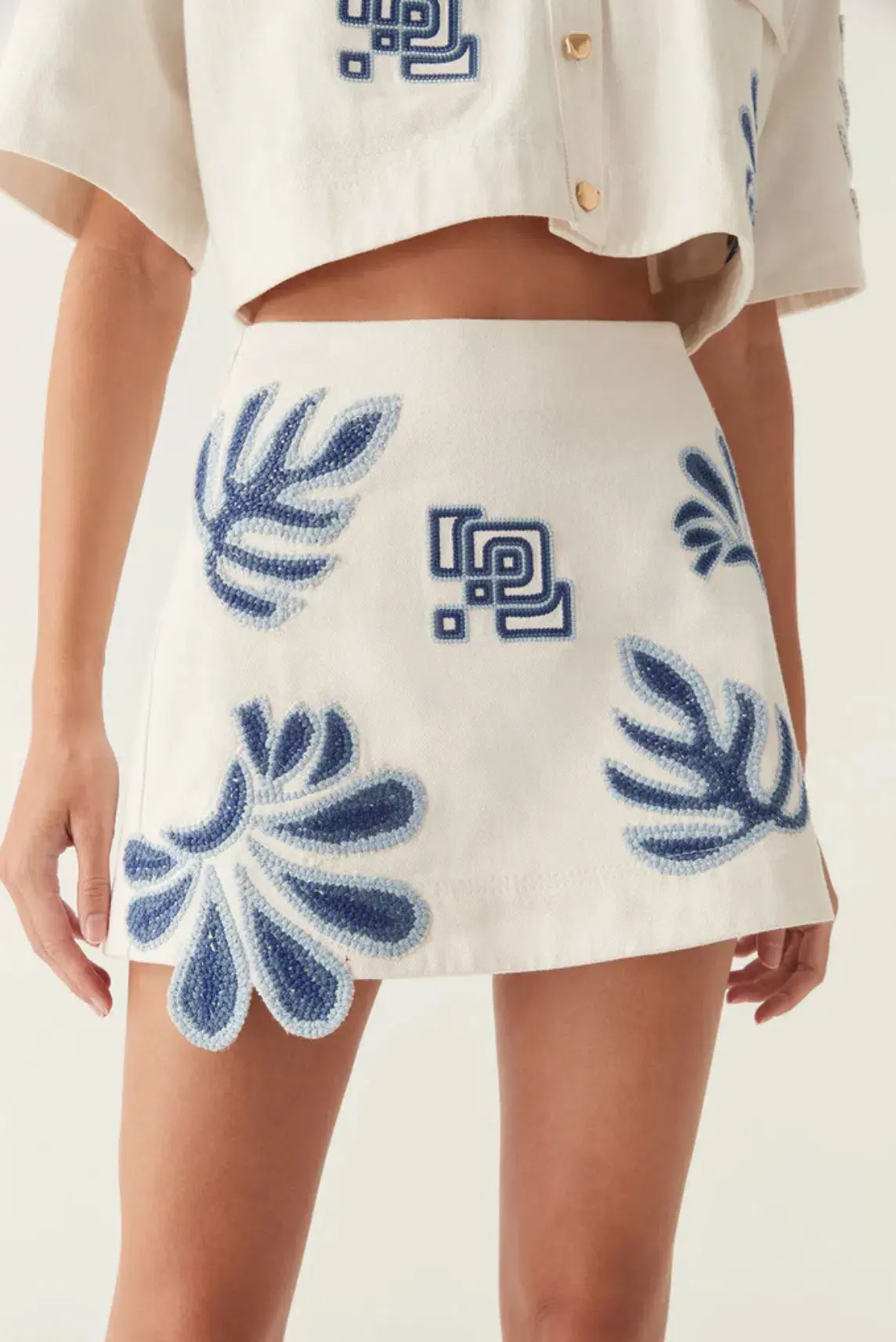 Aje Esprit Embroidered Skirt Size 10 and Top Size 6 Set Ivory-Blue  - Image 5