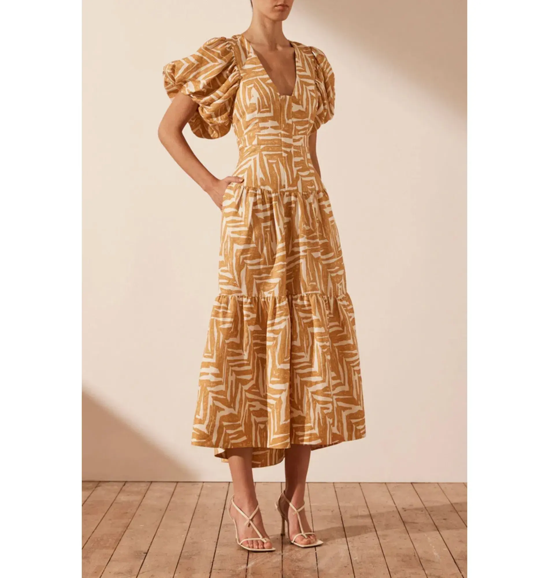 Shona Joy Imani Plunged Short Sleeve Midi Dress in Ivory/Ginger Size AU 18 - Image 2