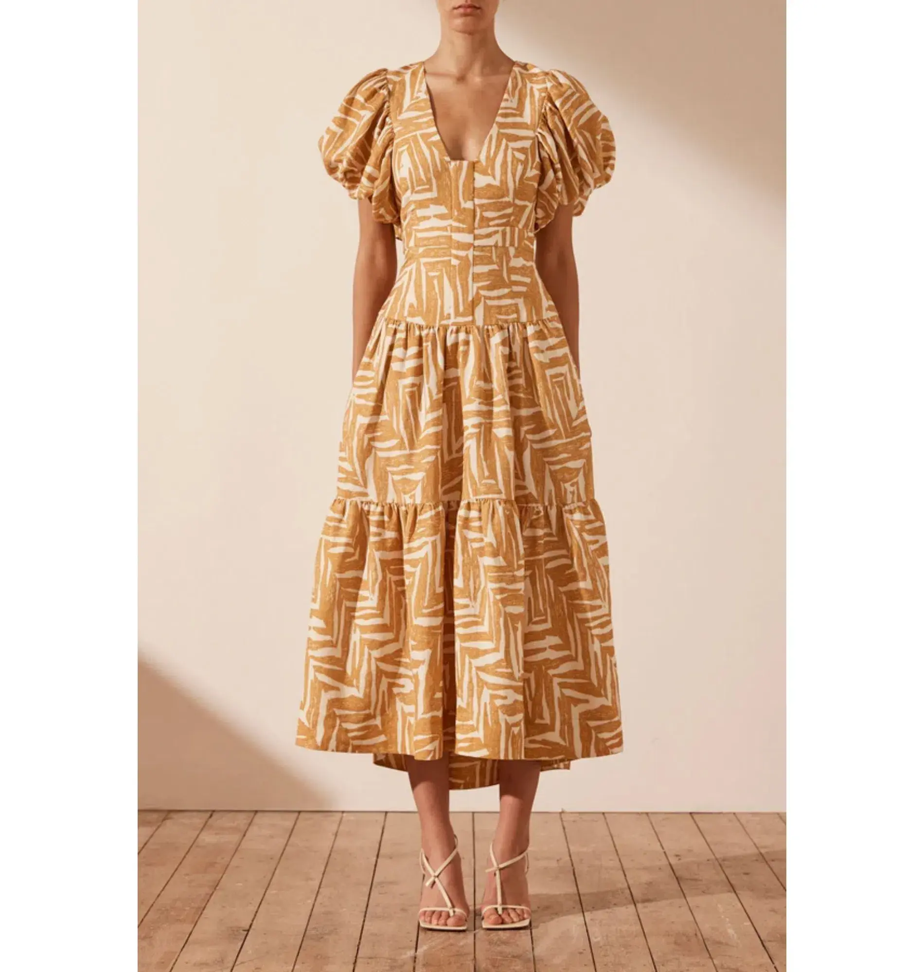 Shona Joy Imani Plunged Short Sleeve Midi Dress in Ivory/Ginger Size AU 18 - Image 1