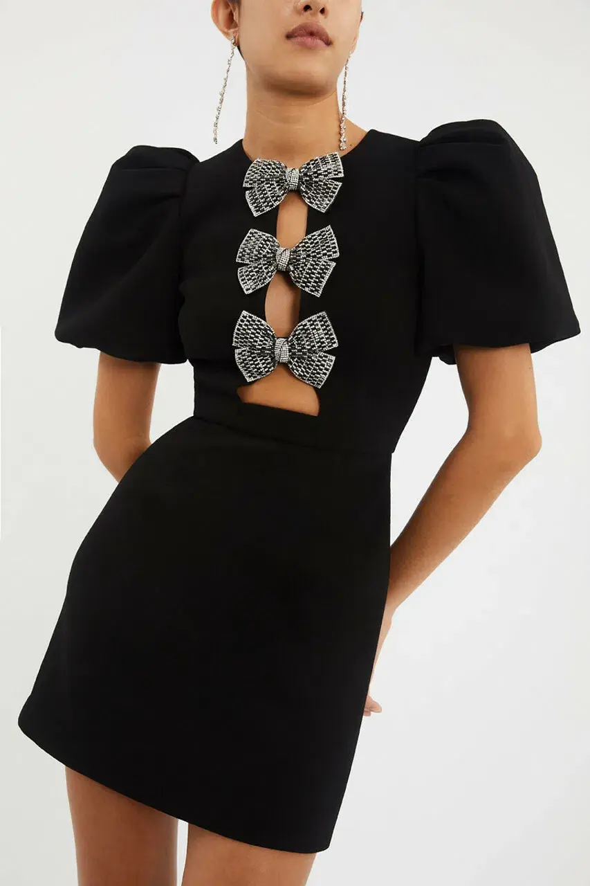Rebecca Vallance Yvonne Bow Mini Dress in Black Size 12 - Image 2