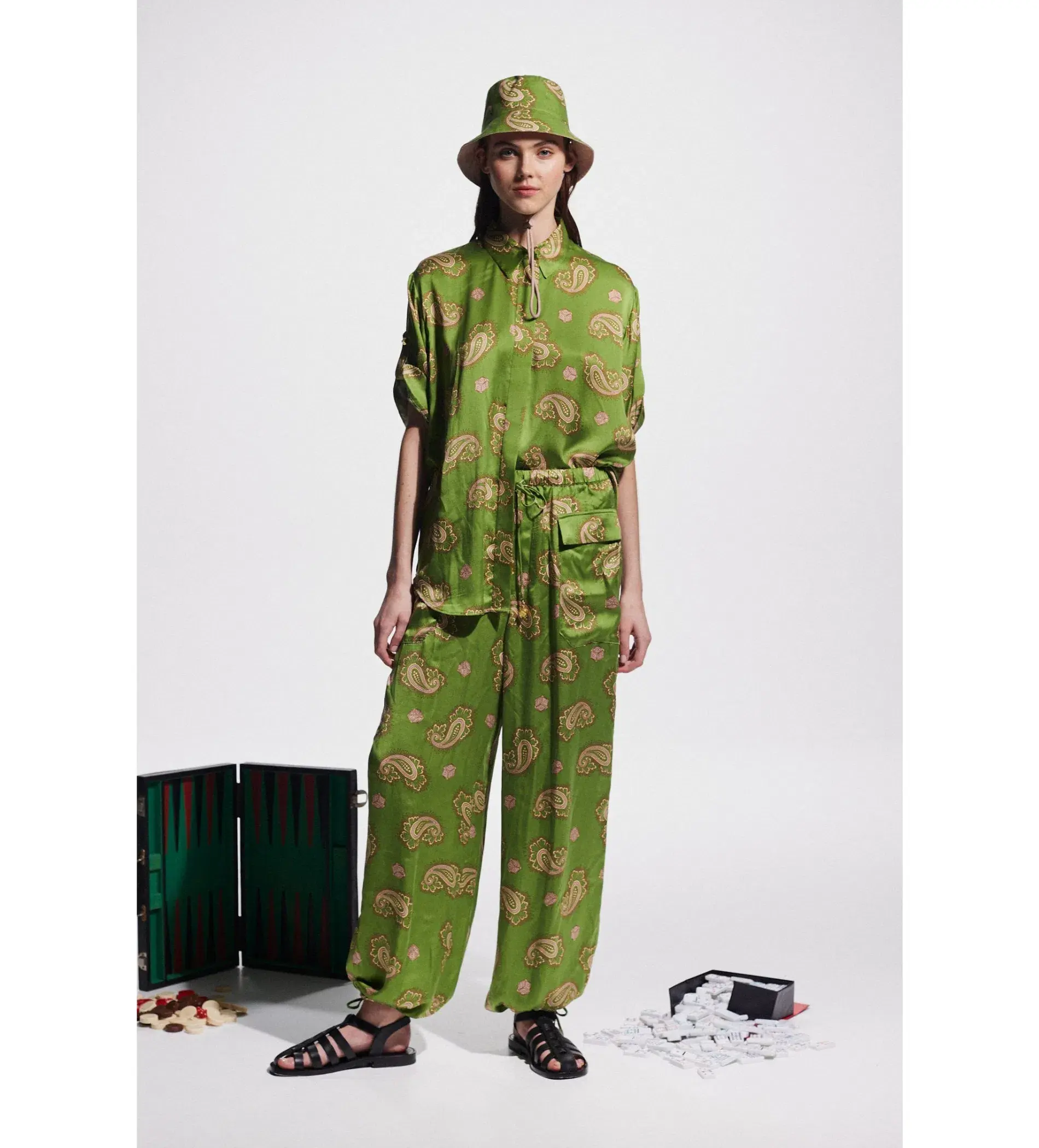 Alemais Dice Silk Shirt and Pant Set Green Size AU 14 - Image 1