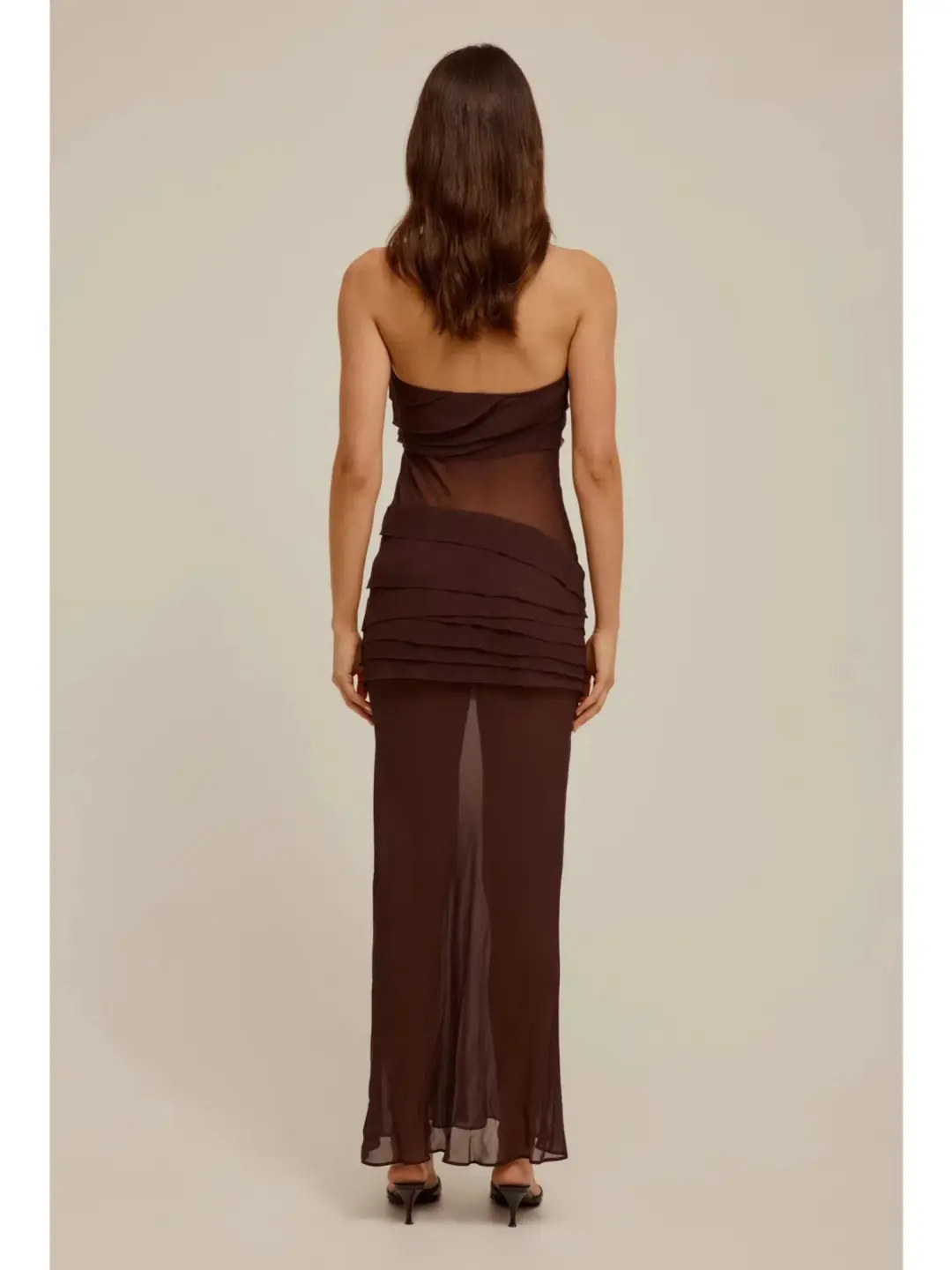 Venroy Sheer Panelled Strapless Dress Java Brown Size AU 12 for rent on The Volte - main image