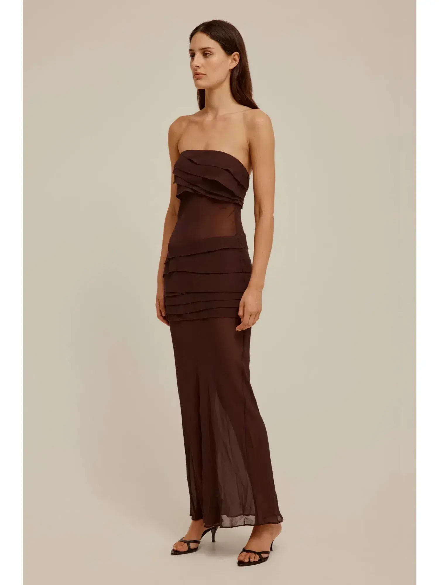 Venroy Sheer Panelled Strapless Dress Java Brown Size AU 12 - Image 1