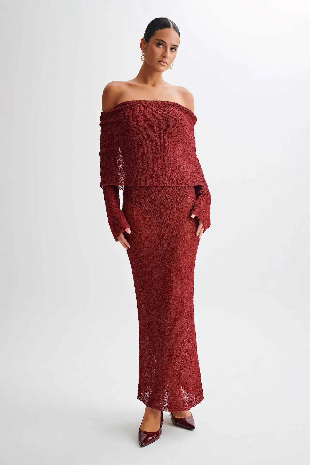 Meshki Marisol Off Shoulder Boucle Maxi Dress in Plum Size M / AU 10 - Image 1