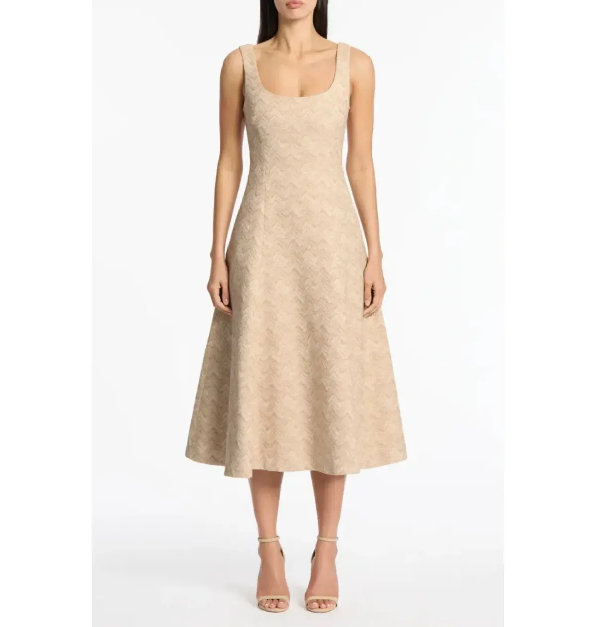Carla Zampatti Summer Herringbone Fluted Midi Dress Beige Size AU 10 - Image 1