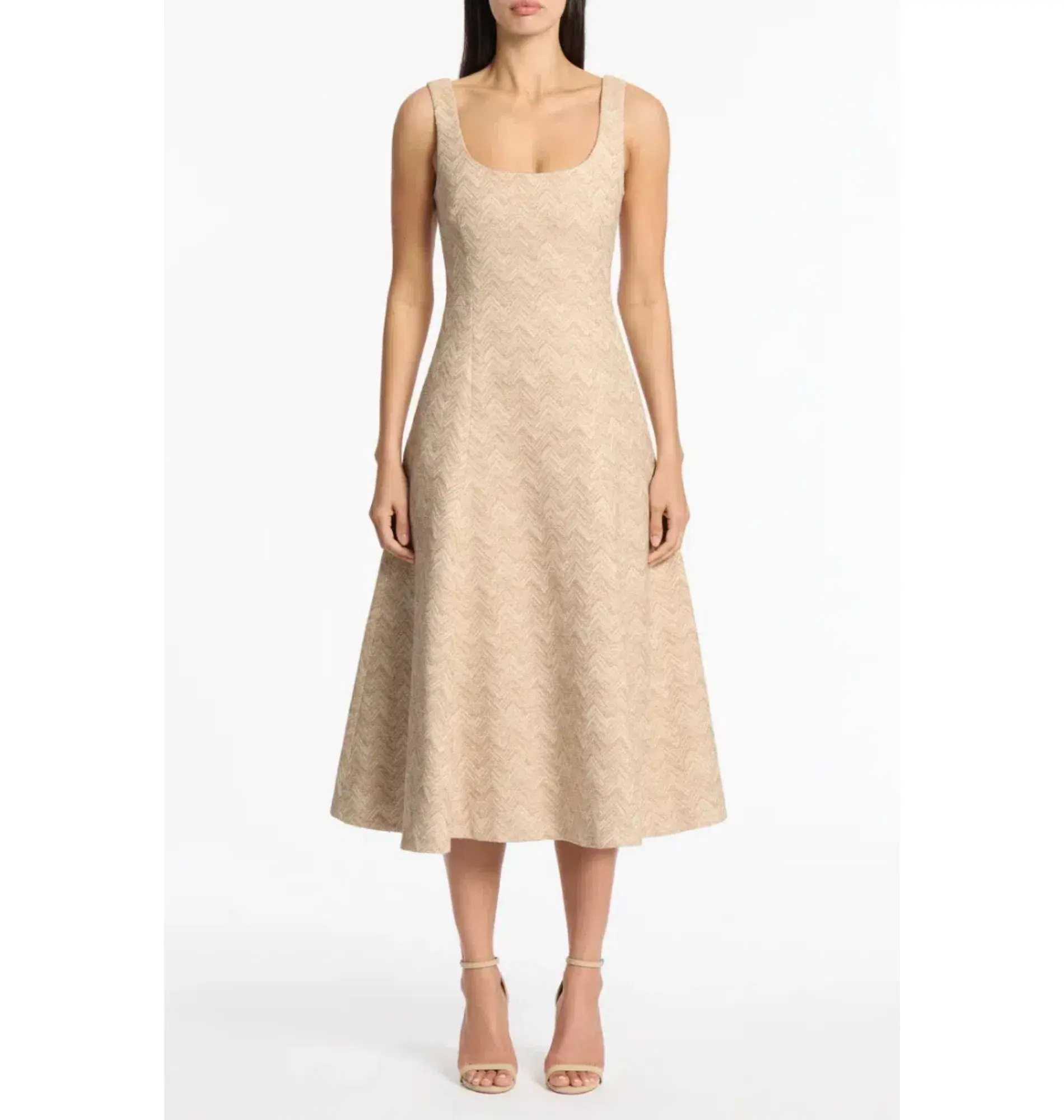 Carla Zampatti Summer Herringbone Fluted Midi Dress Beige Size AU 10 - Image 1