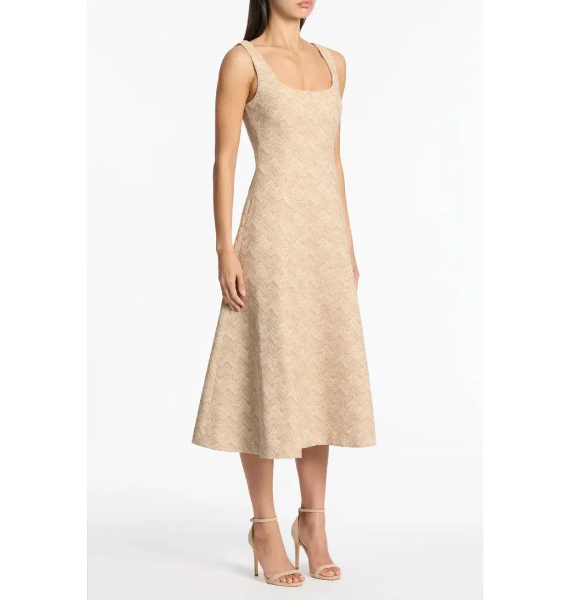 Carla Zampatti Summer Herringbone Fluted Midi Dress Beige Size AU 10 - Image 2