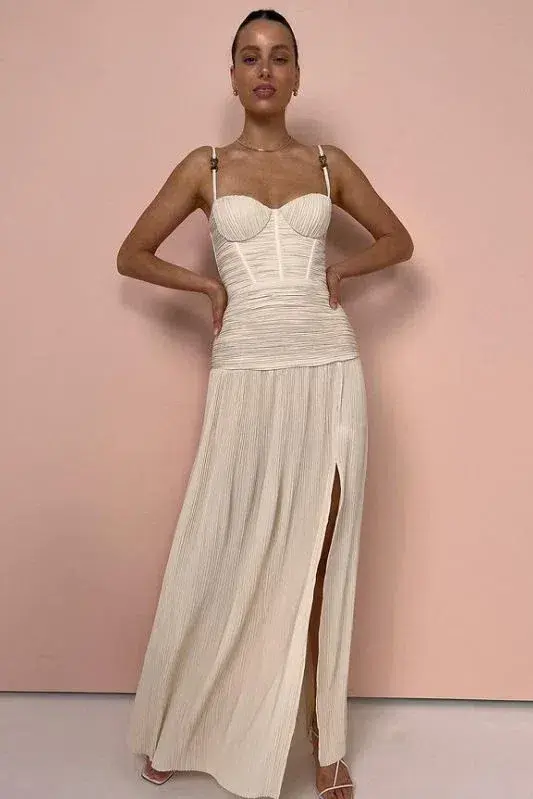 Manning Cartell Double Time Pleat Dress In Nougat // Size 10  for rent on The Volte - main image