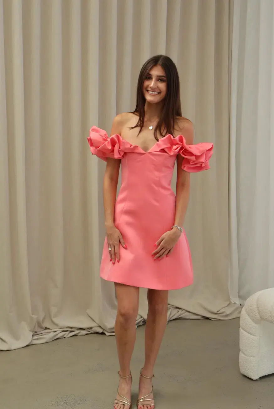 Leo Lin Bella Off Shoulder Frill Mini Dress Strawberry Pink Size AU 8 - Image 1