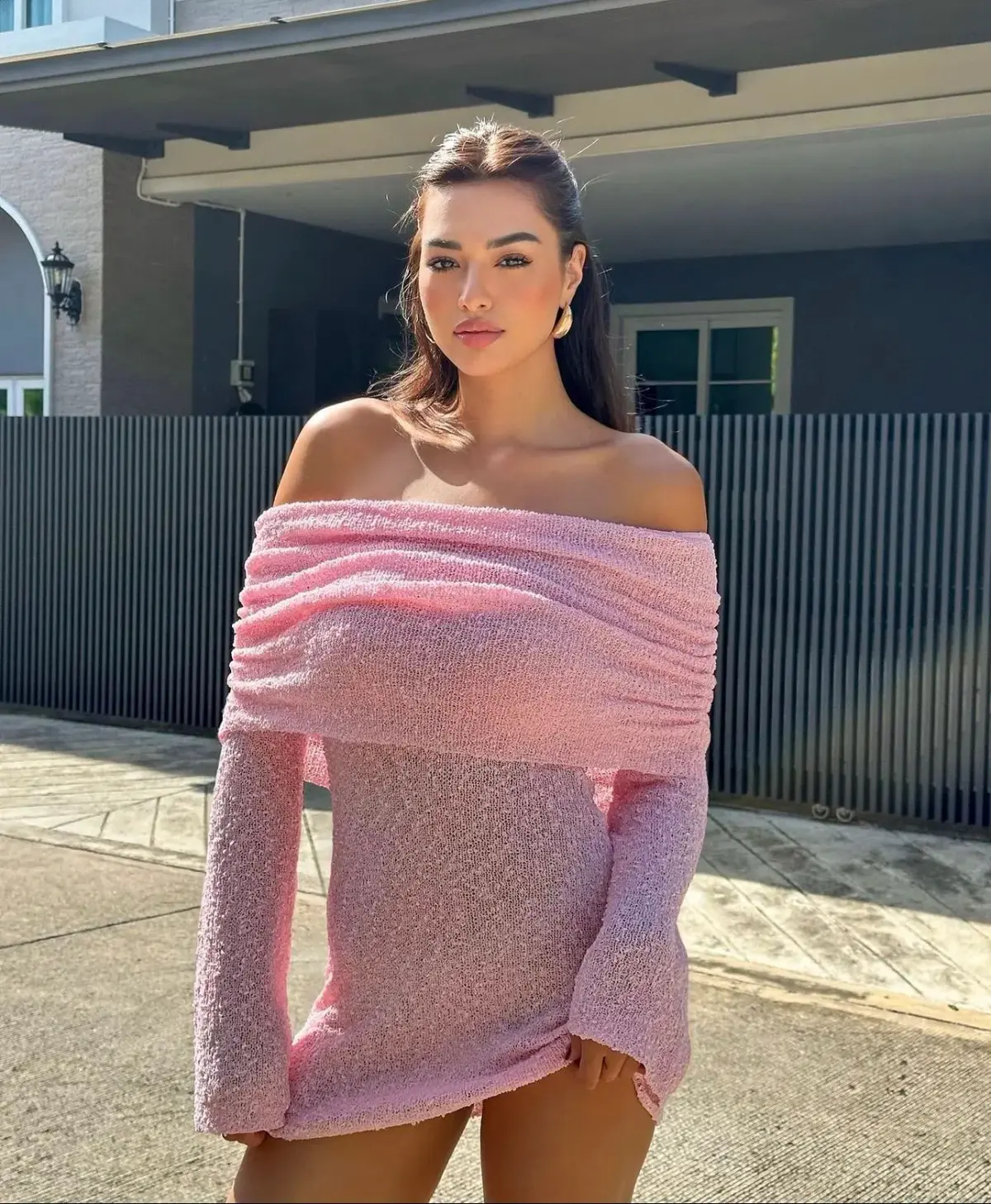 Meshki Marisol Off Shoulder Boucle Mini Dress in Baby Pink Size S / AU 8 - Image 6