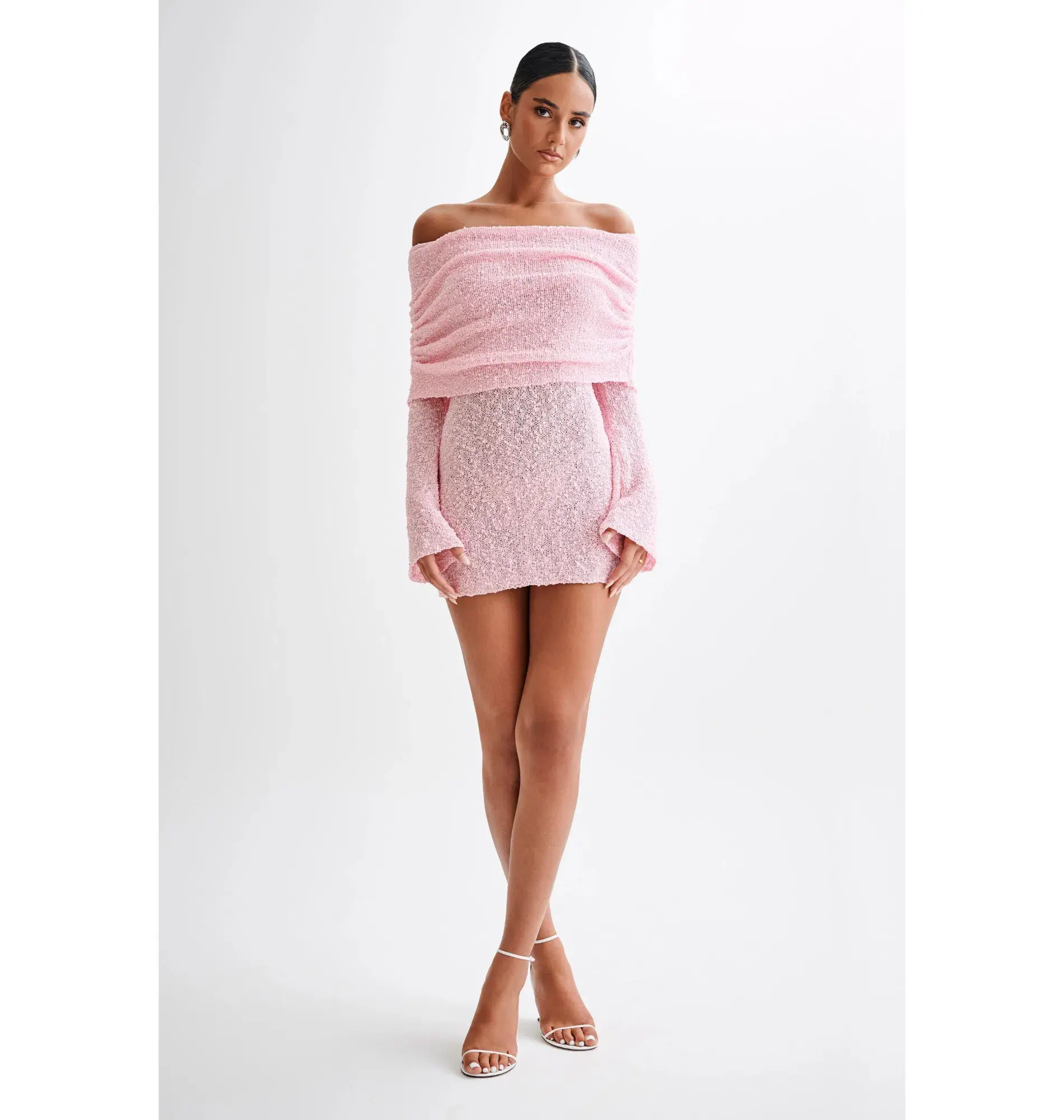 Meshki Marisol Off Shoulder Boucle Mini Dress in Baby Pink Size S / AU 8 - Image 1