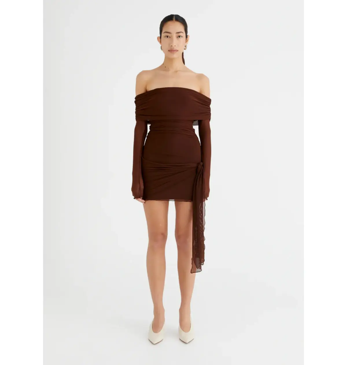 BENNI Yasmin Off Shoulder Mini Dress in Cacao Size S / AU 8 - Image 1