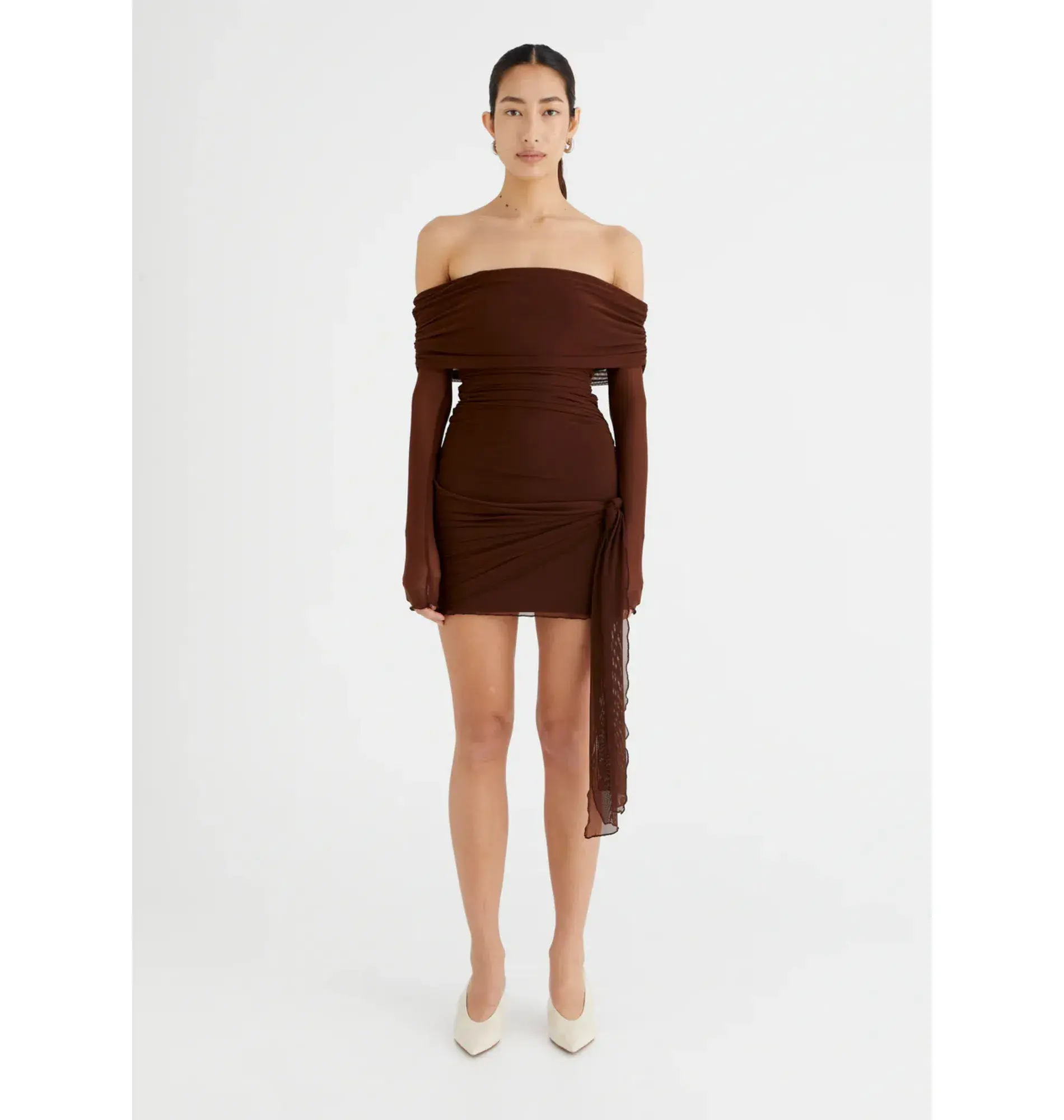 BENNI Yasmin Off Shoulder Mini Dress in Cacao Size S / AU 8 - Image 1